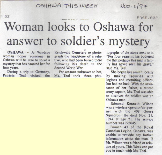 oshawa newspaper on Pat Toal's search for Edmond Kenneth Wilson